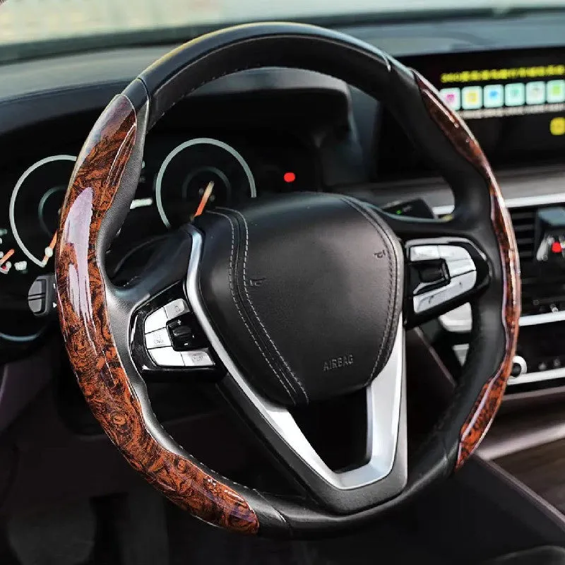 Peach wood grain artificial leather steering wheel sleeve for 38cm wheel, shown in crystal brown colour.