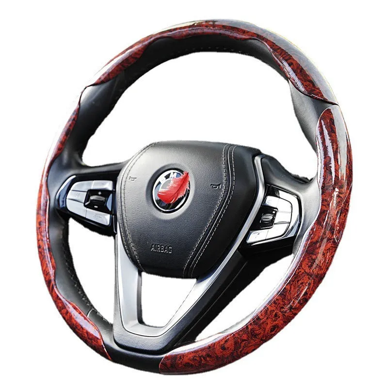 Peach wood grain artificial leather steering wheel sleeve for 38cm wheel, shown in crystal brown colour.
