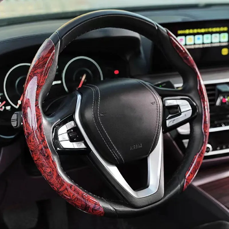 Peach wood grain artificial leather steering wheel sleeve for 38cm wheel, shown in crystal brown colour.