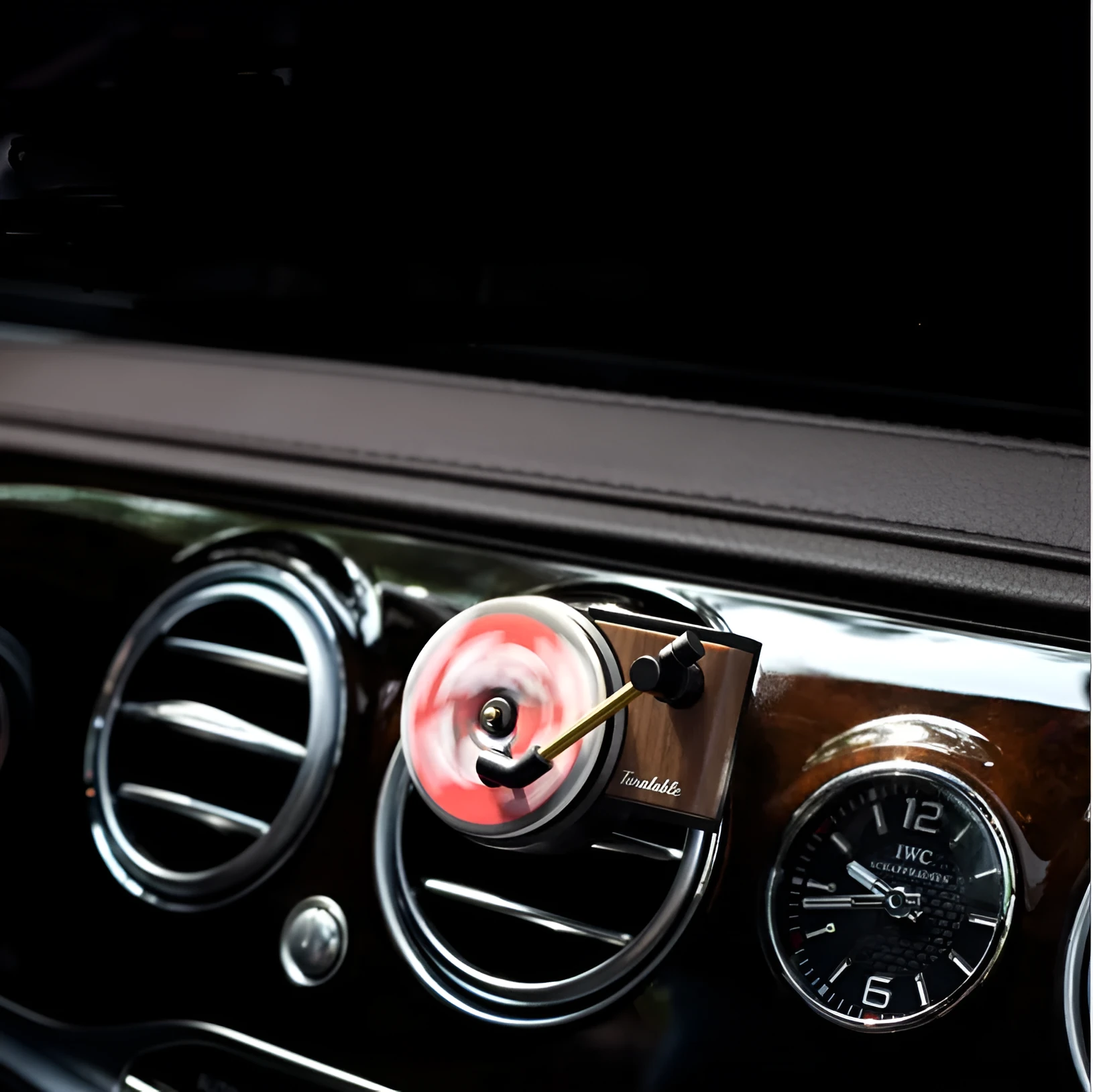 Black turntable car aroma diffuser with ocean scent fragrance tablet on car dashboard
