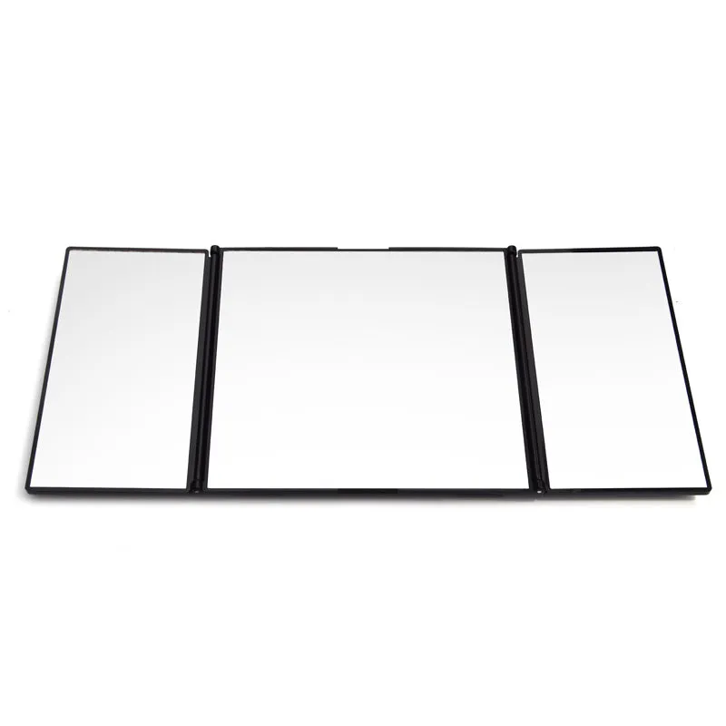 Silver car folding makeup mirror showing folded and opened positions with ABS frame and glass mirror
