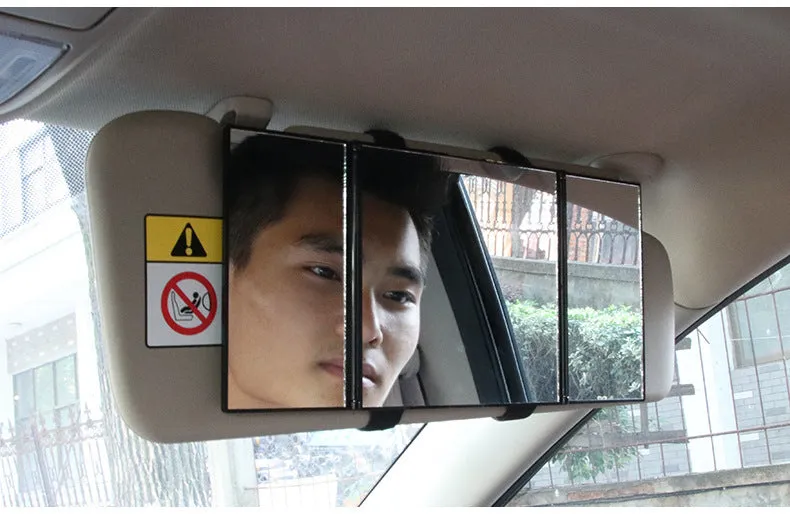 Silver car folding makeup mirror showing folded and opened positions with ABS frame and glass mirror