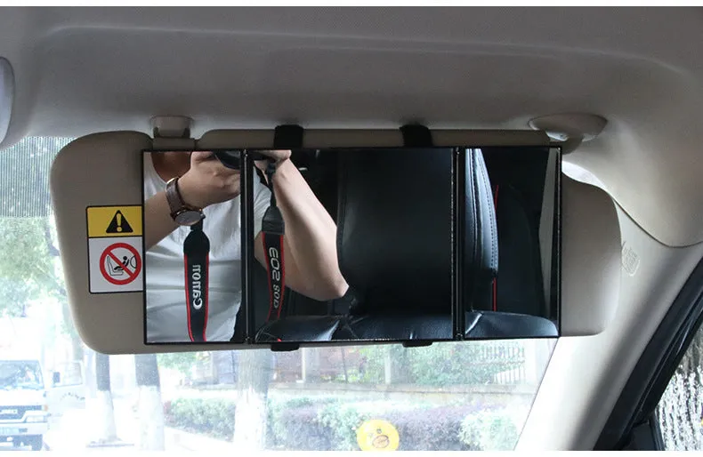 Silver car folding makeup mirror showing folded and opened positions with ABS frame and glass mirror