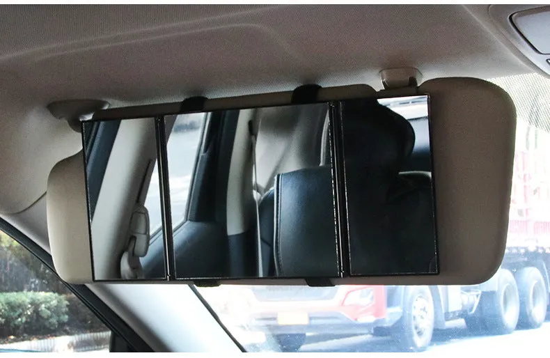Silver car folding makeup mirror showing folded and opened positions with ABS frame and glass mirror