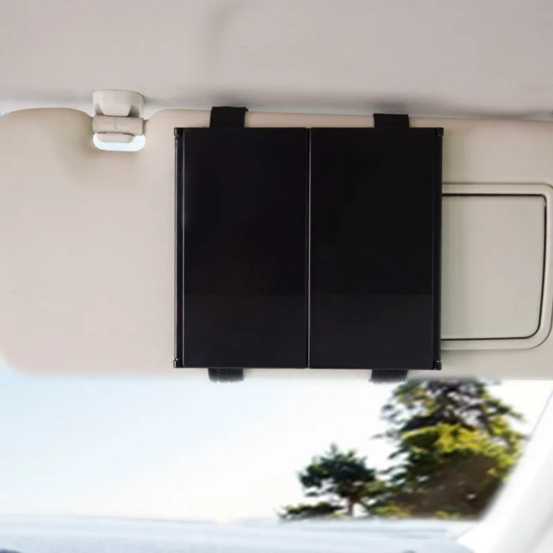 Silver car folding makeup mirror showing folded and opened positions with ABS frame and glass mirror