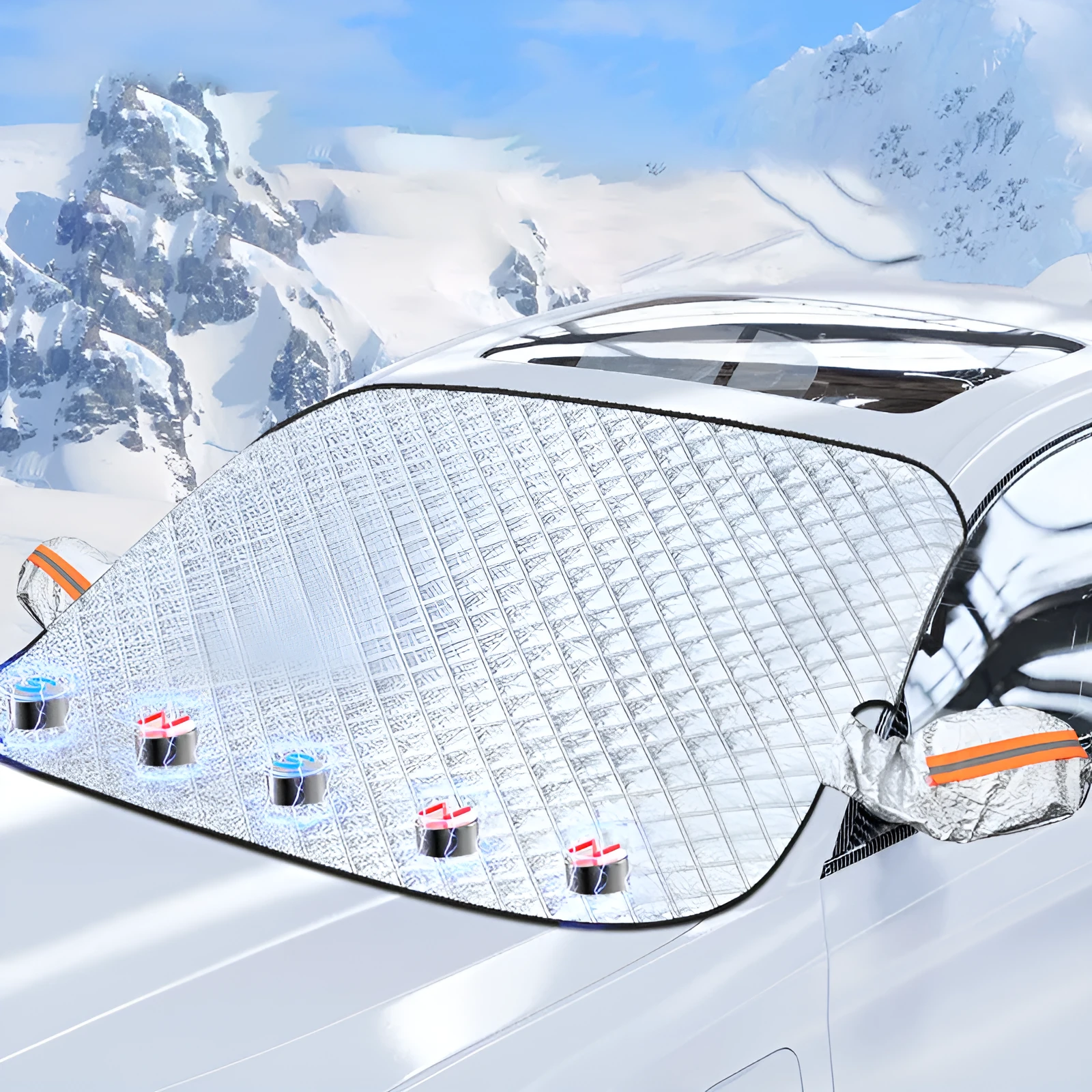 Car front windshield cover half cover snow shield aluminium foil magnetic suction with reflective strip on car