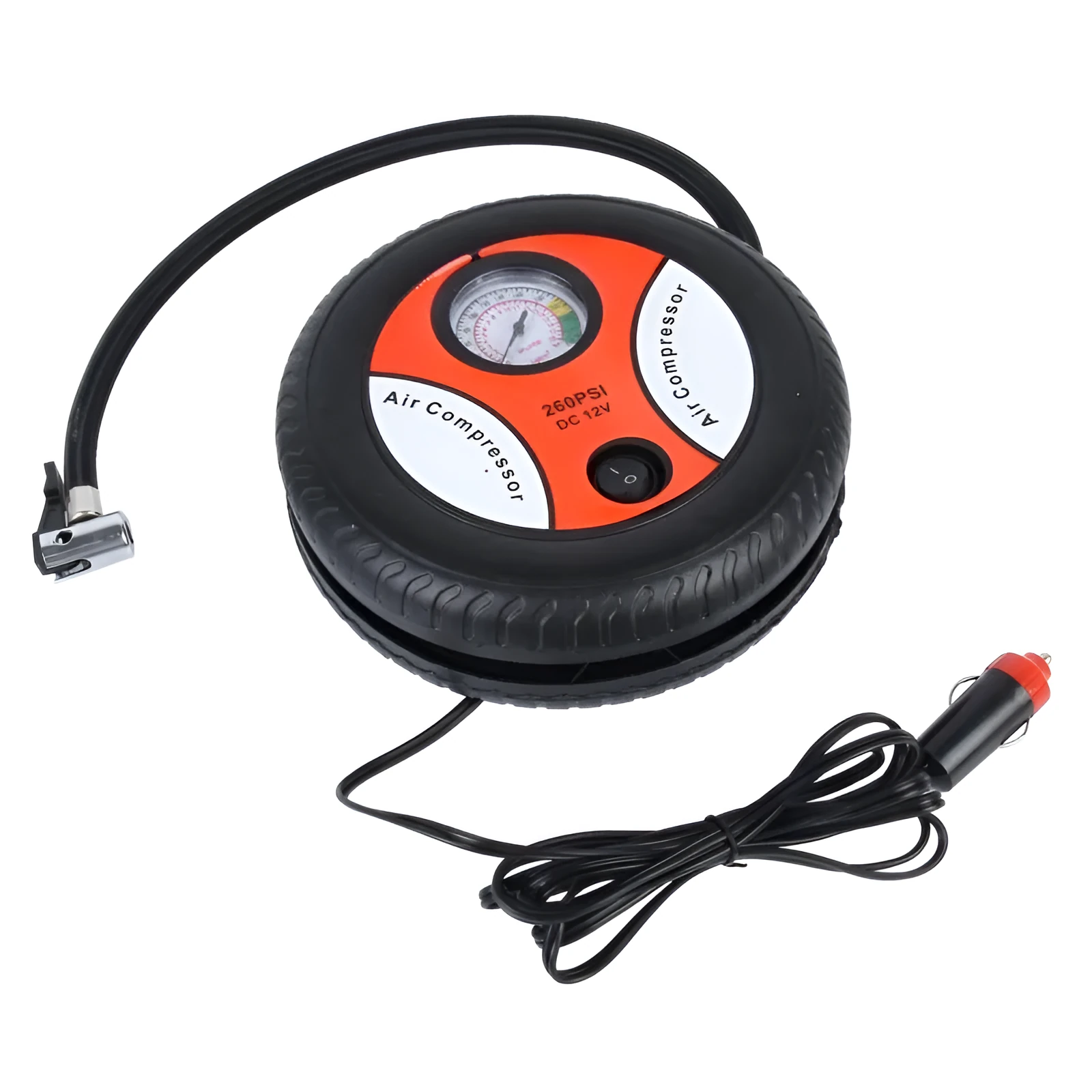 Mini air pump in black ABS casing, dimensions 17x17x6cm, with pressure gauge and power cord