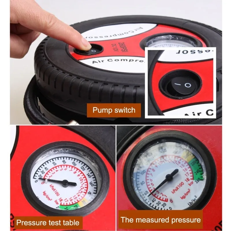 Mini air pump in black ABS casing, dimensions 17x17x6cm, with pressure gauge and power cord