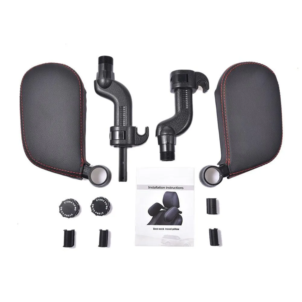 Car headrest neck pillow with memory foam padding, adjustable width and height, leather cover in black with red