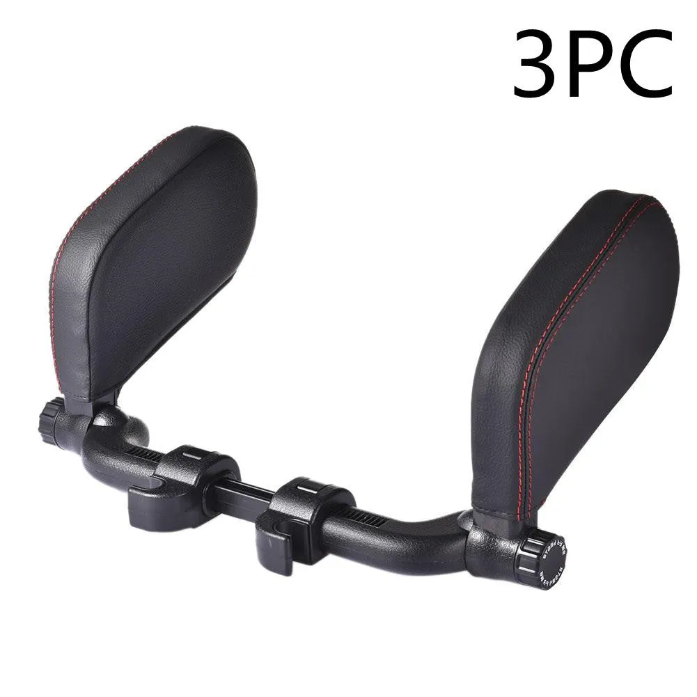 Car headrest neck pillow with memory foam padding, adjustable width and height, leather cover in black with red