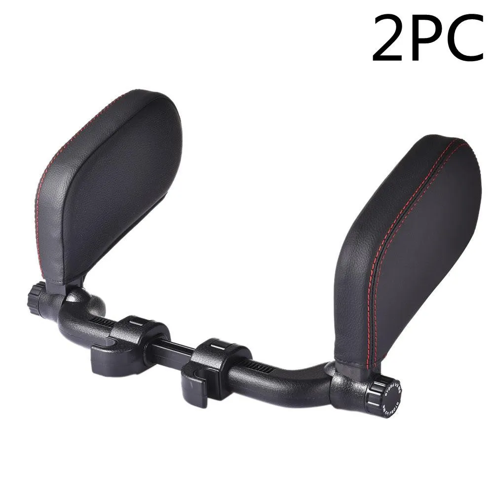 Car headrest neck pillow with memory foam padding, adjustable width and height, leather cover in black with red