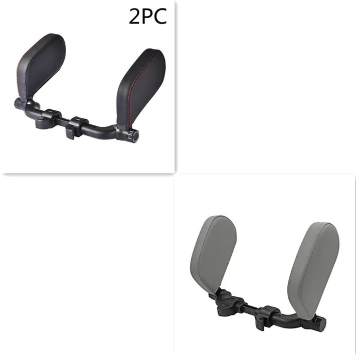 Car headrest neck pillow with memory foam padding, adjustable width and height, leather cover in black with red