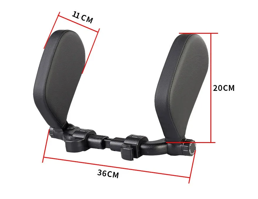 Car headrest neck pillow with memory foam padding, adjustable width and height, leather cover in black with red