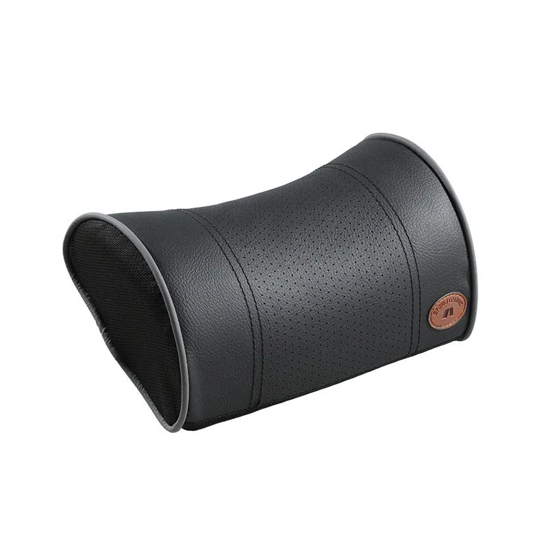 Car headrest neck pillow with memory foam padding, adjustable width and height, leather cover in black with red