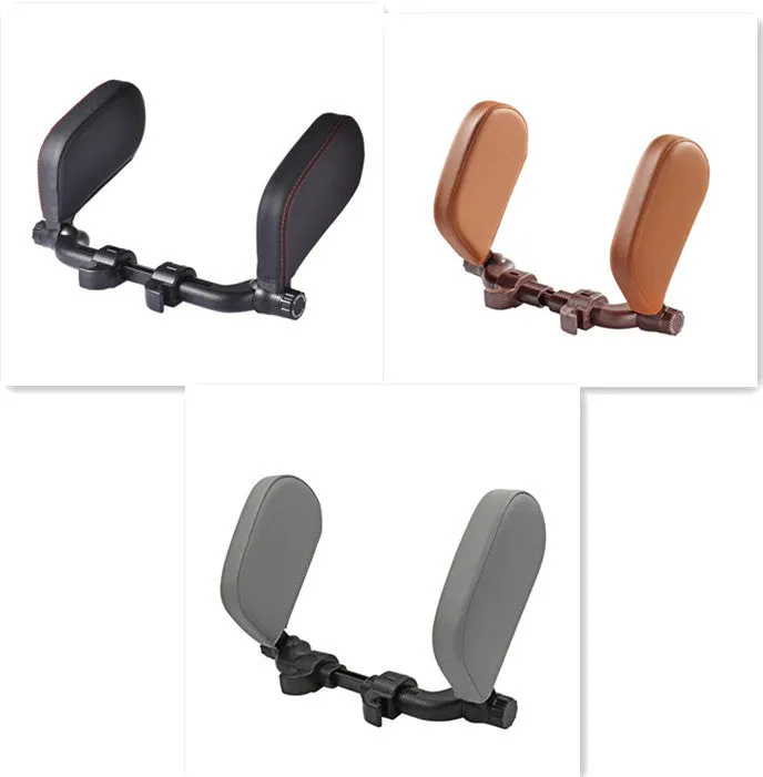Car headrest neck pillow with memory foam padding, adjustable width and height, leather cover in black with red
