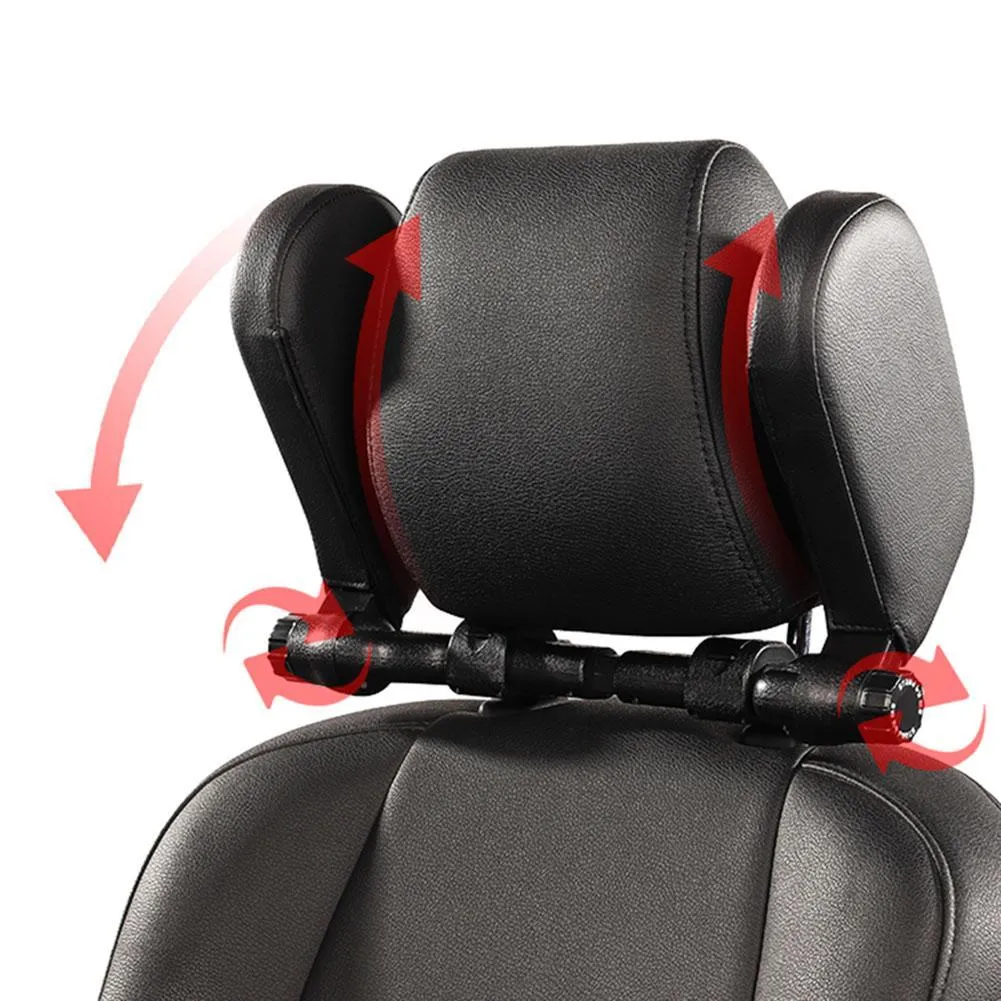 Car headrest neck pillow with memory foam padding, adjustable width and height, leather cover in black with red