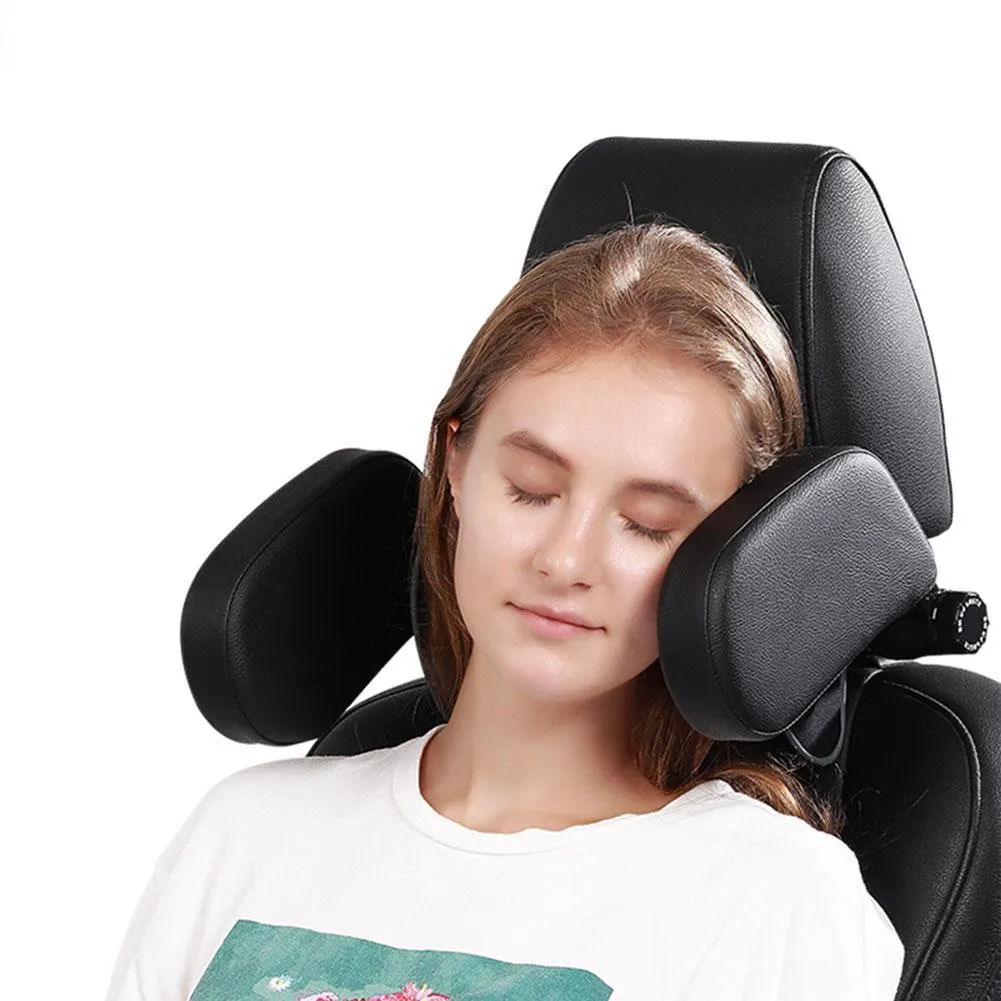 Car headrest neck pillow with memory foam padding, adjustable width and height, leather cover in black with red