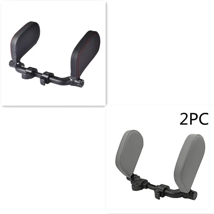 Car headrest neck pillow with memory foam padding, adjustable width and height, leather cover in black with red