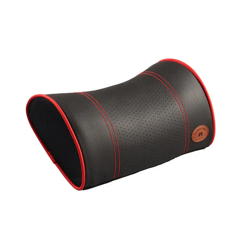 Car headrest neck pillow with memory foam padding, adjustable width and height, leather cover in black with red