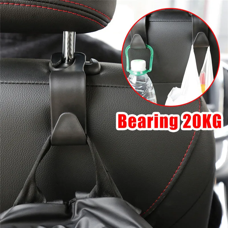 Set of 4 black PP universal car seat back hooks, each 11cm x 3.5cm, with 20kg weight capacity, for hanging bags from car front seat backs