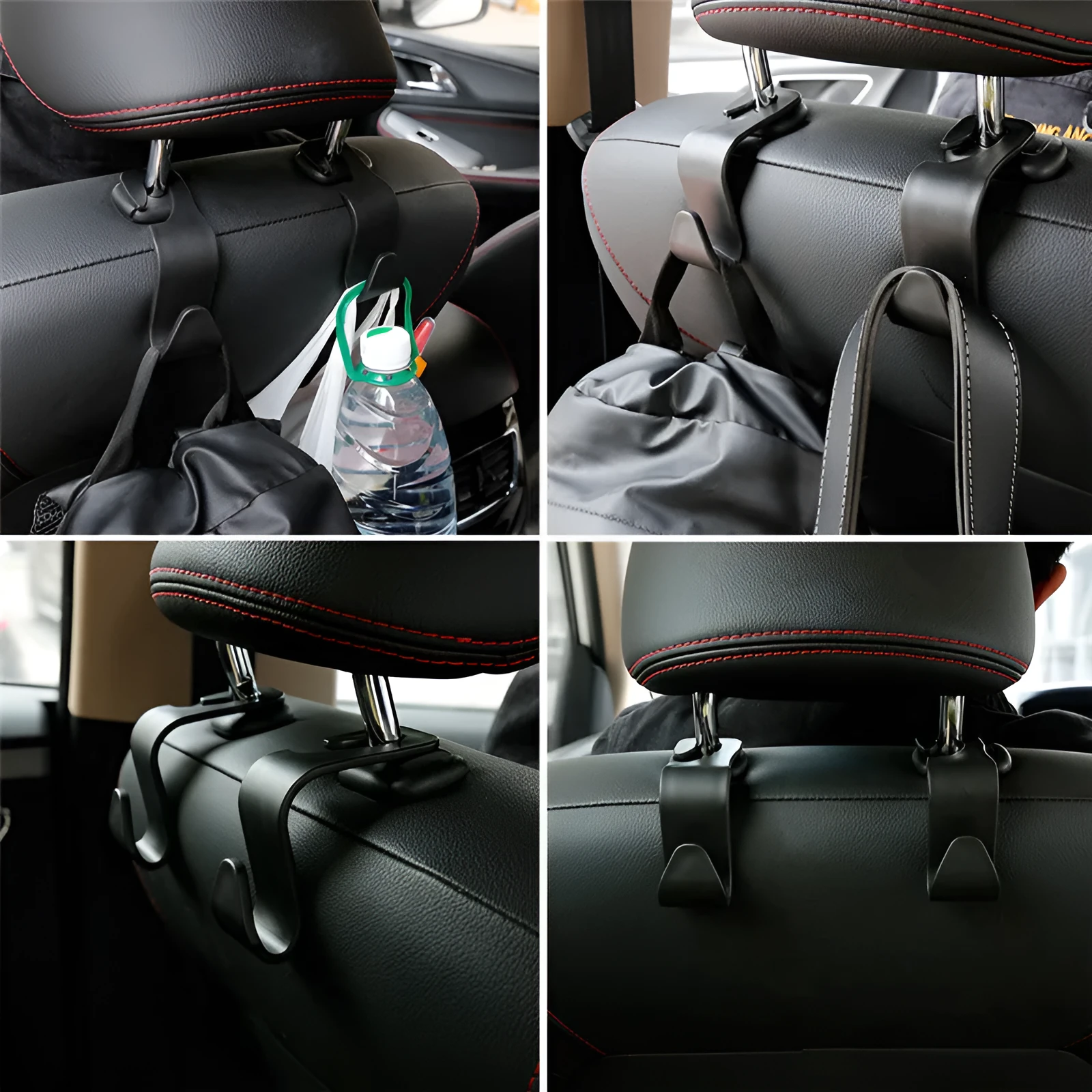Set of 4 black PP universal car seat back hooks, each 11cm x 3.5cm, with 20kg weight capacity, for hanging bags from car front seat backs