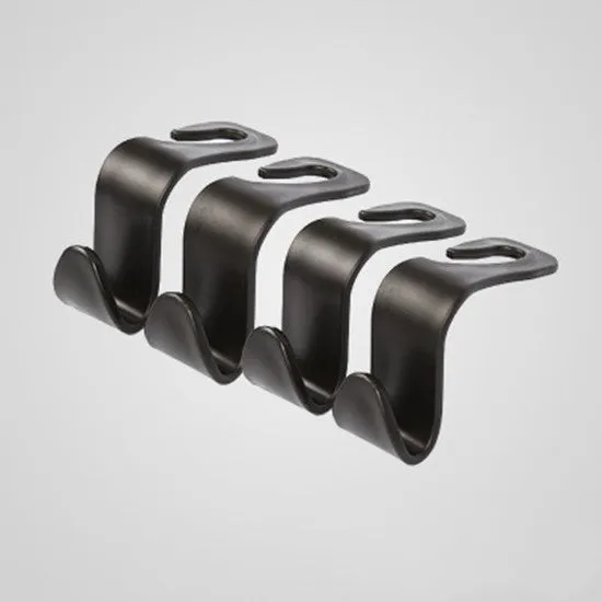 Set of 4 black PP universal car seat back hooks, each 11cm x 3.5cm, with 20kg weight capacity, for hanging bags from car front seat backs