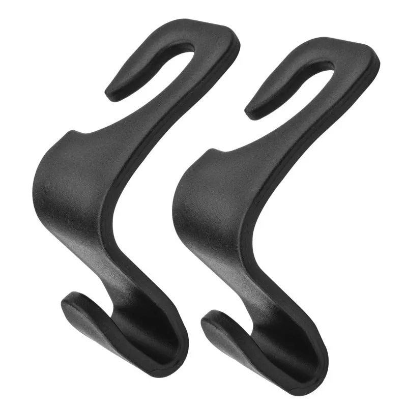Set of 4 black PP universal car seat back hooks, each 11cm x 3.5cm, with 20kg weight capacity, for hanging bags from car front seat backs