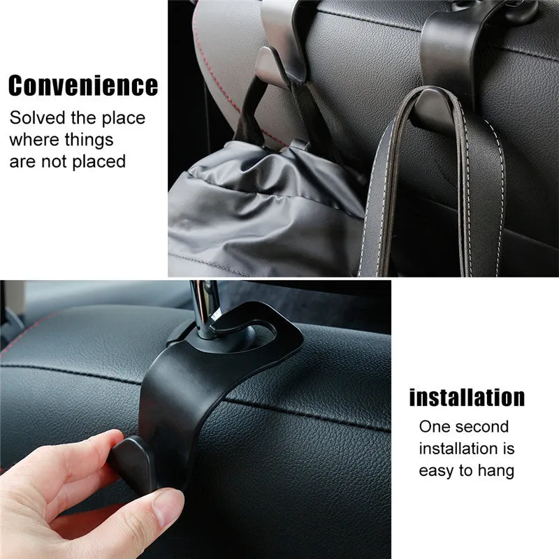 Set of 4 black PP universal car seat back hooks, each 11cm x 3.5cm, with 20kg weight capacity, for hanging bags from car front seat backs
