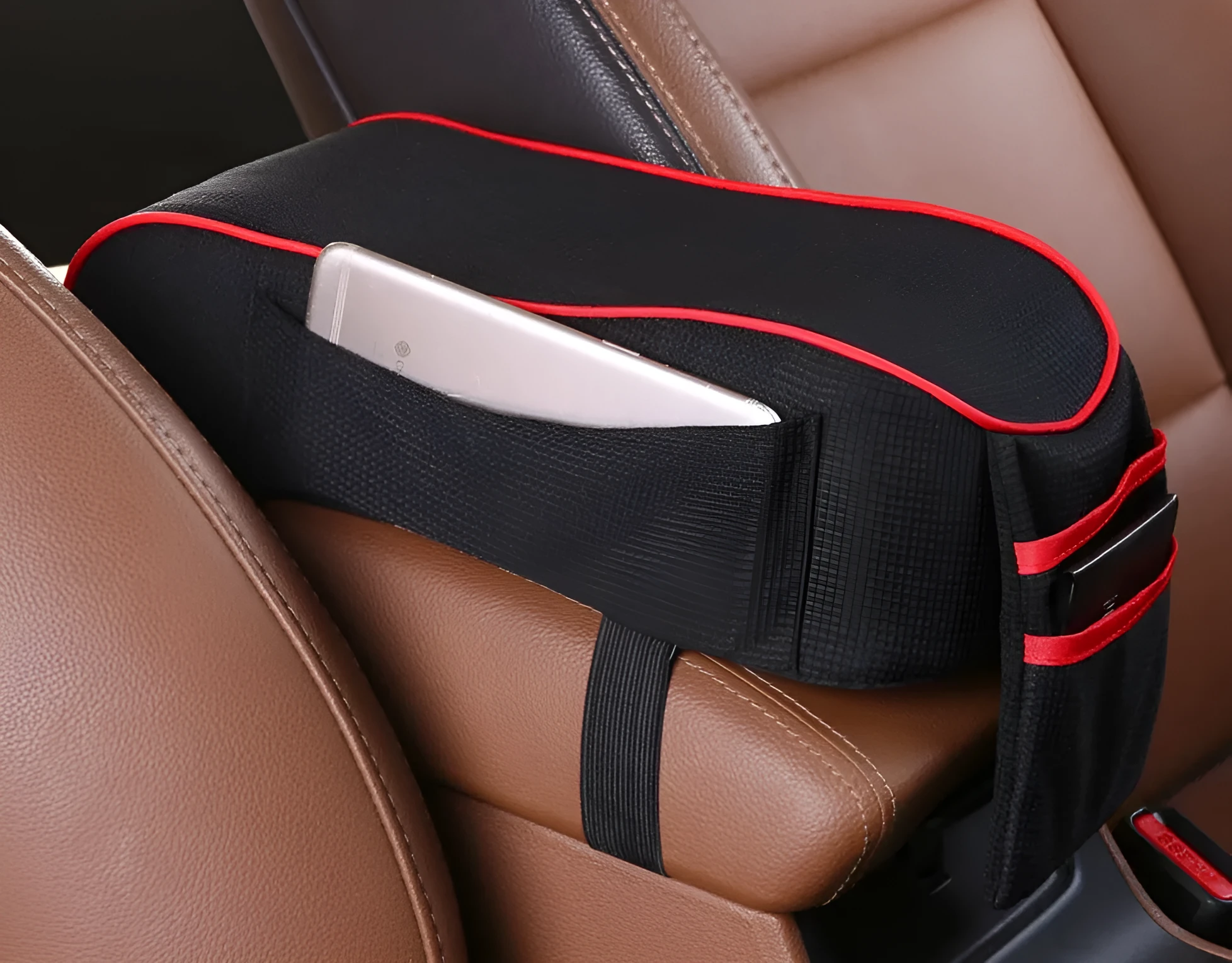 Central armrest box in synthetic fiber with polyester surface, available in black with red colour option, for car centre console storage