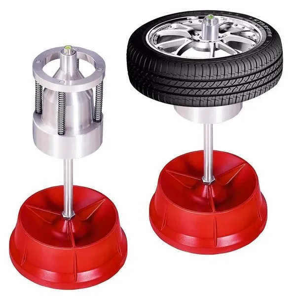 Portable aluminium hub balancer for car tyres with bull's eye level and enamel base