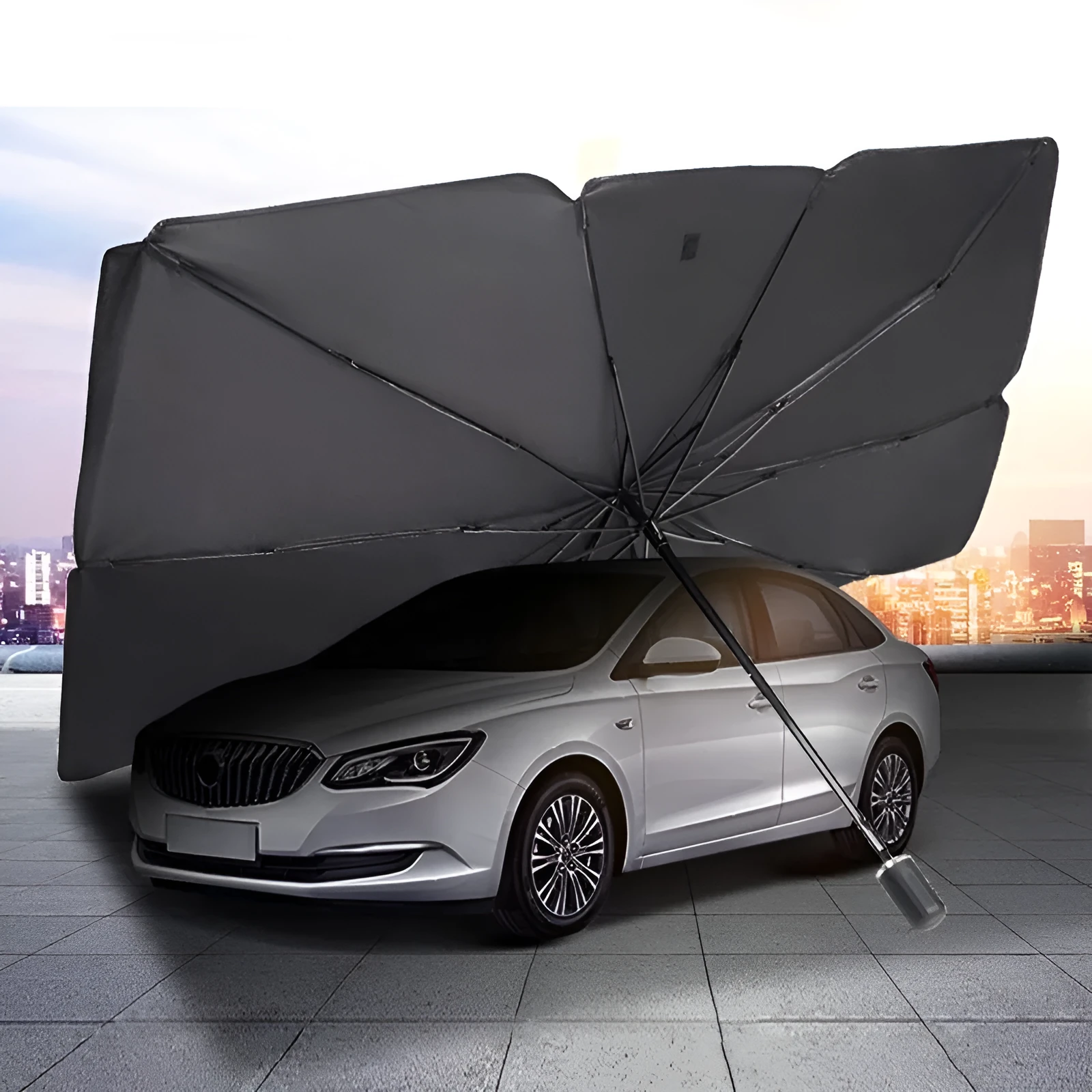 Titanium silver car sun shade parasol with leather case, thick opaque silver tape material