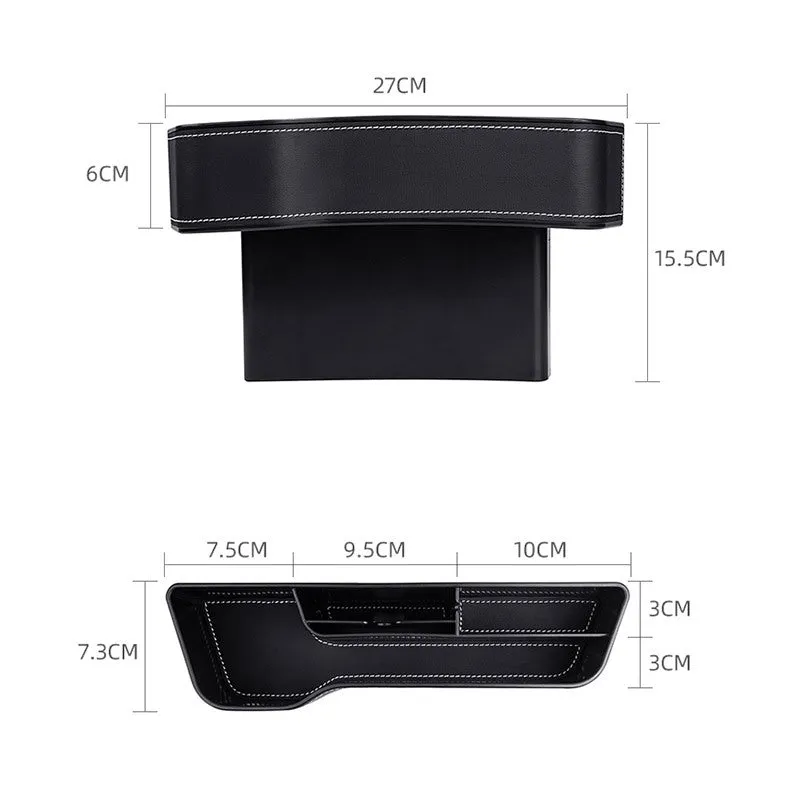 Black leather-style car seat gap storage box with cup holder and USB cable inserted between driver seat and centre console