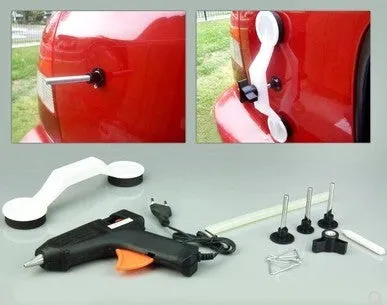 Car dent repair tool with glue gun and three traction gasket strips in color box packaging