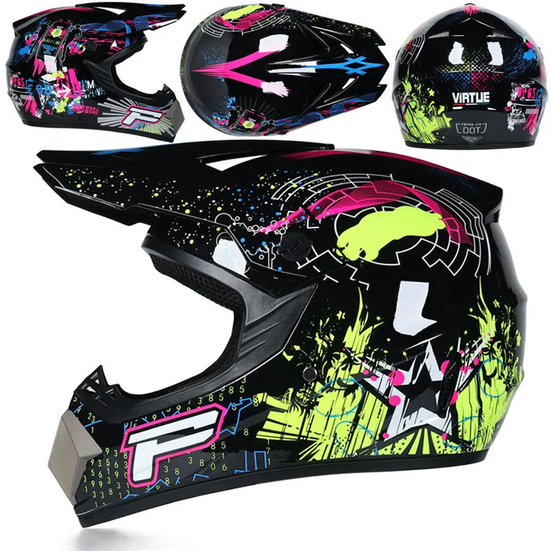Unisex motocross off-road helmet with ABS shell in black green colour for dirt bike riding