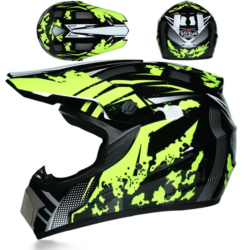 Unisex motocross off-road helmet with ABS shell in black green colour for dirt bike riding