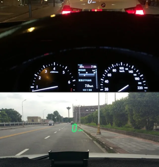 A100 OBD II head up display projecting vehicle speed on windscreen, with white or green light option