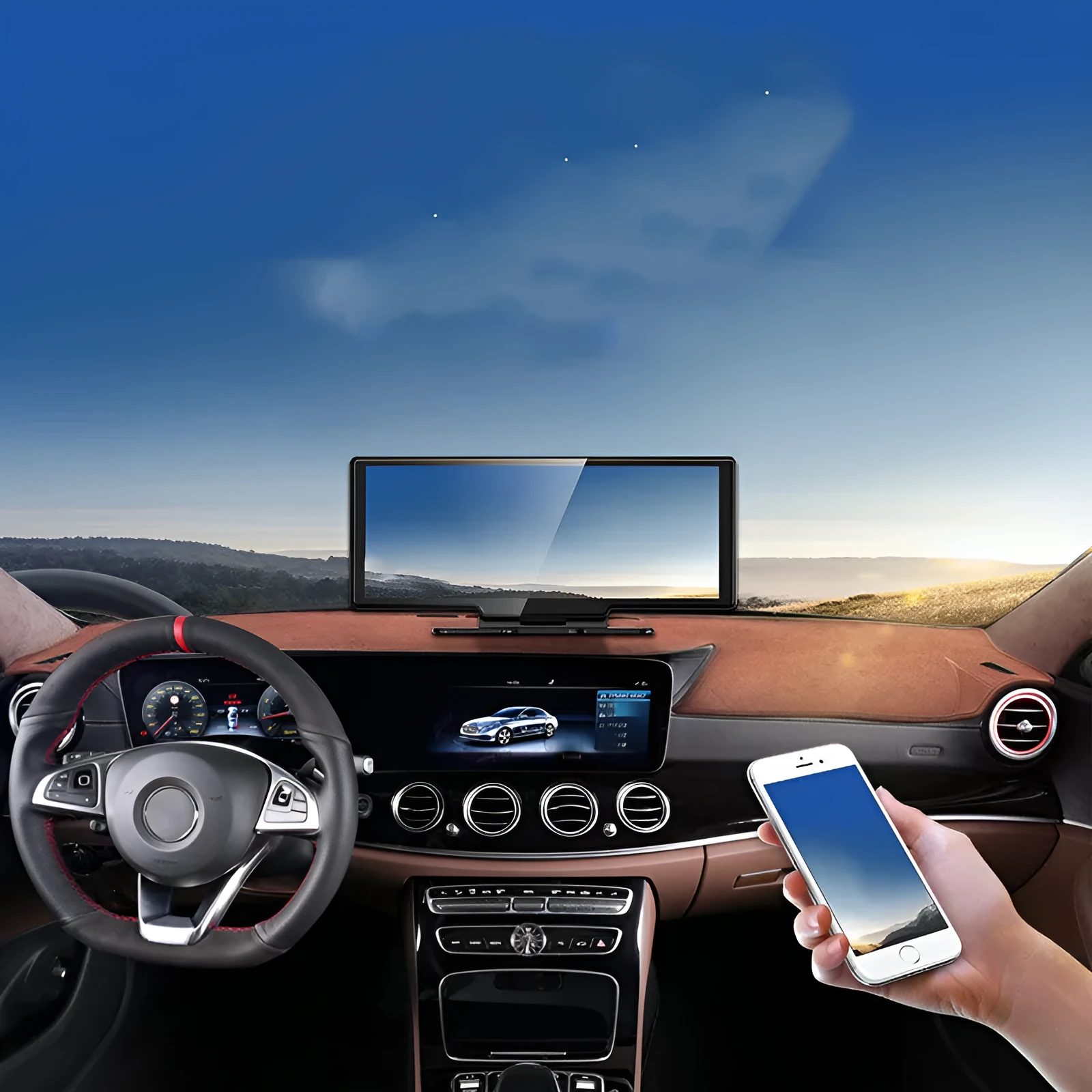 2.5K 11-inch black dash cam with 170° wide angle lens on dashboard