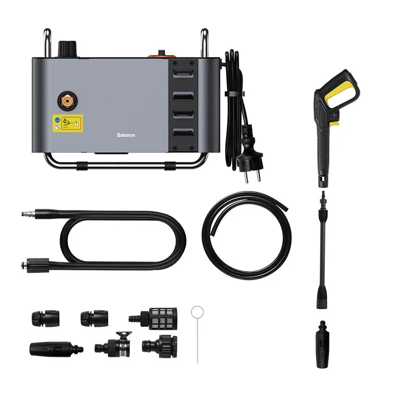 Grey F1 Car Pressure Washer with 10-metre outlet pipe and foam pot on a clean driveway