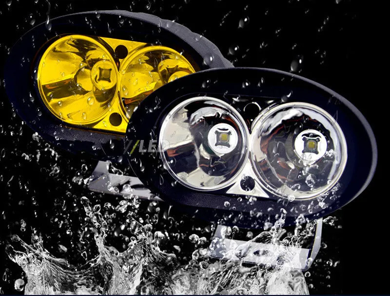 Direct selling motorcycle LED spotlight with aluminium housing in white and yellow light options on dark background