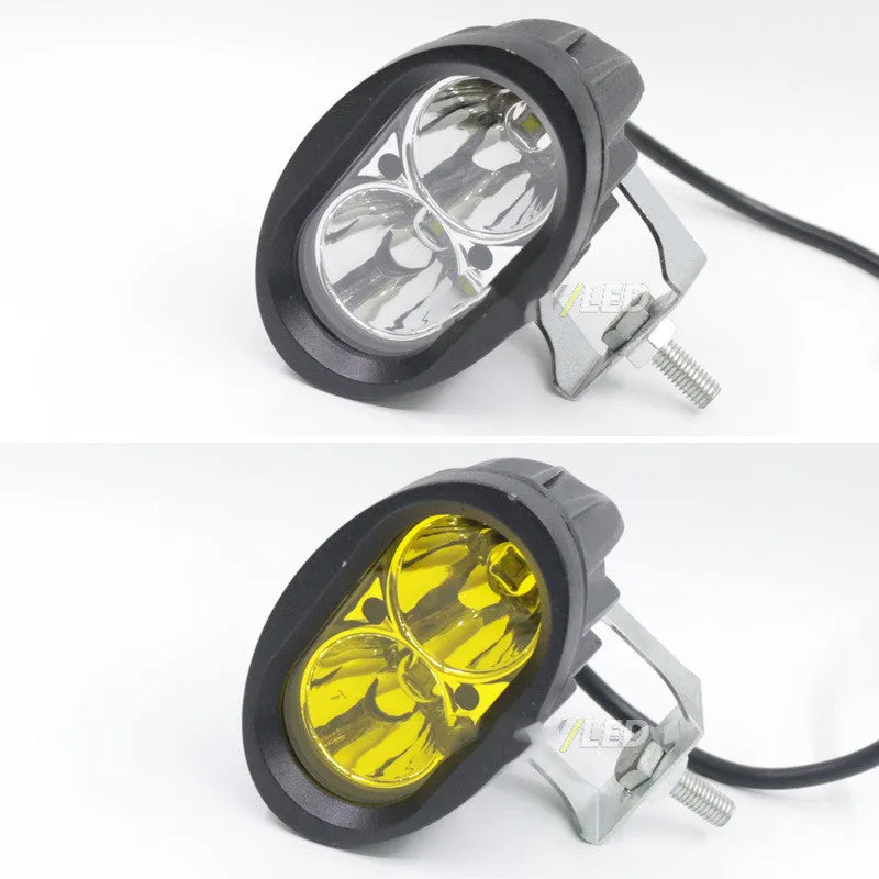 Direct selling motorcycle LED spotlight with aluminium housing in white and yellow light options on dark background