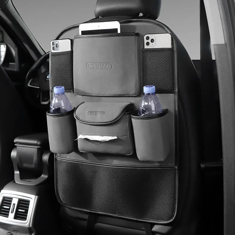 Car seat back storage bag in fleece microfiber, 23.5cm by 13cm, black colour, placed on car seat