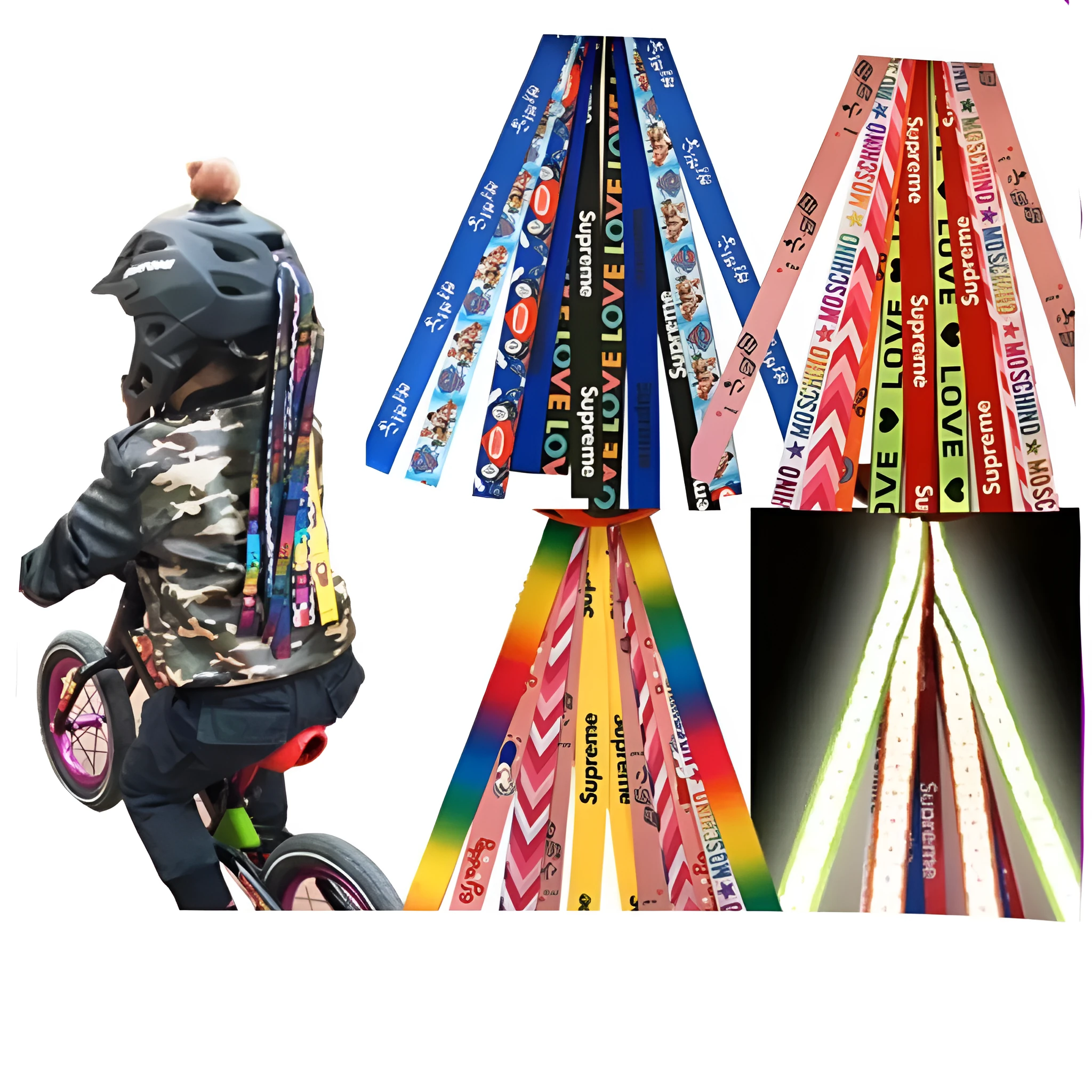 Children's helmet decorative streamer with elastic loop attachment in multiple colour options