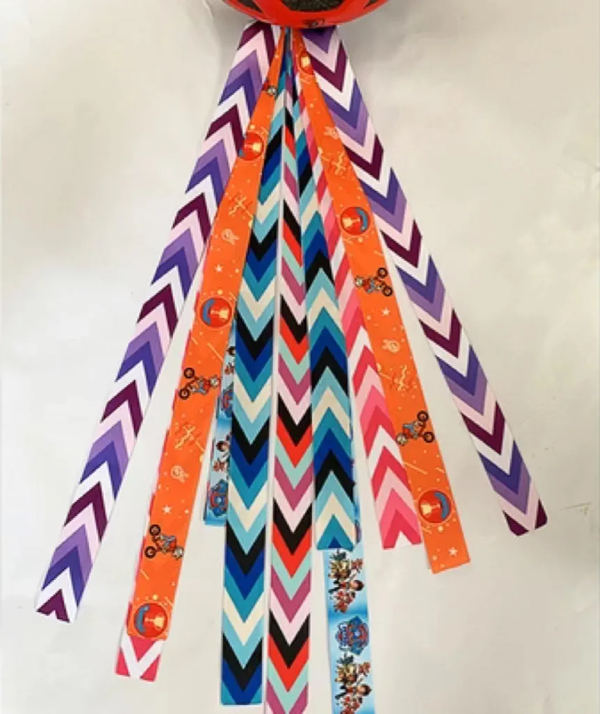 Children's helmet decorative streamer with elastic loop attachment in multiple colour options