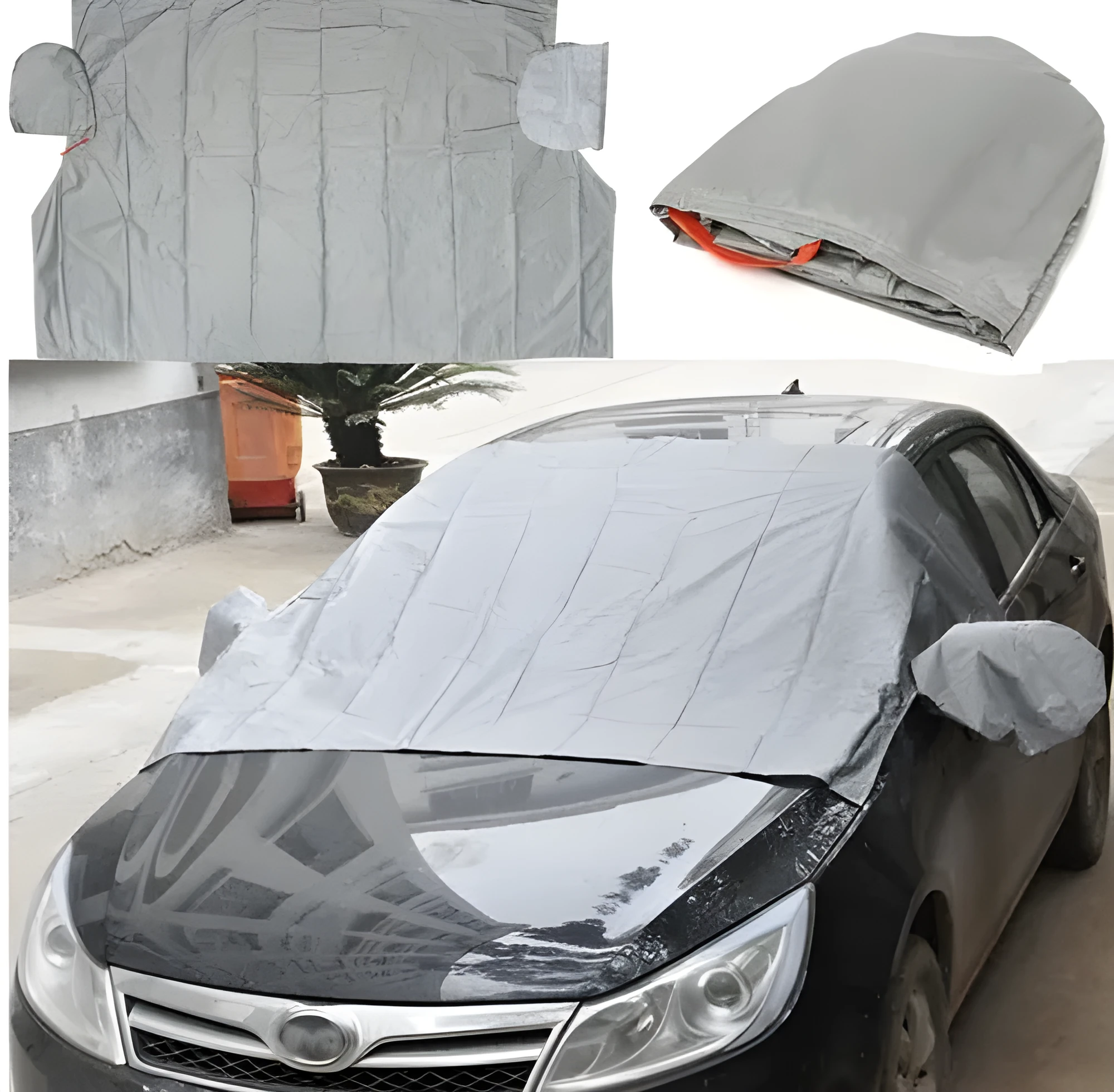 Gray magnetic car windshield cover for sun, snow, frost, and ice protection on a car