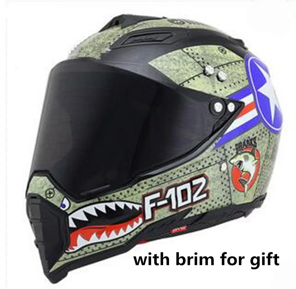 Dual-use full face motorcycle helmet in ABS material, side view showing full face shell and rally-style design