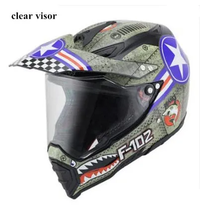 Dual-use full face motorcycle helmet in ABS material, side view showing full face shell and rally-style design