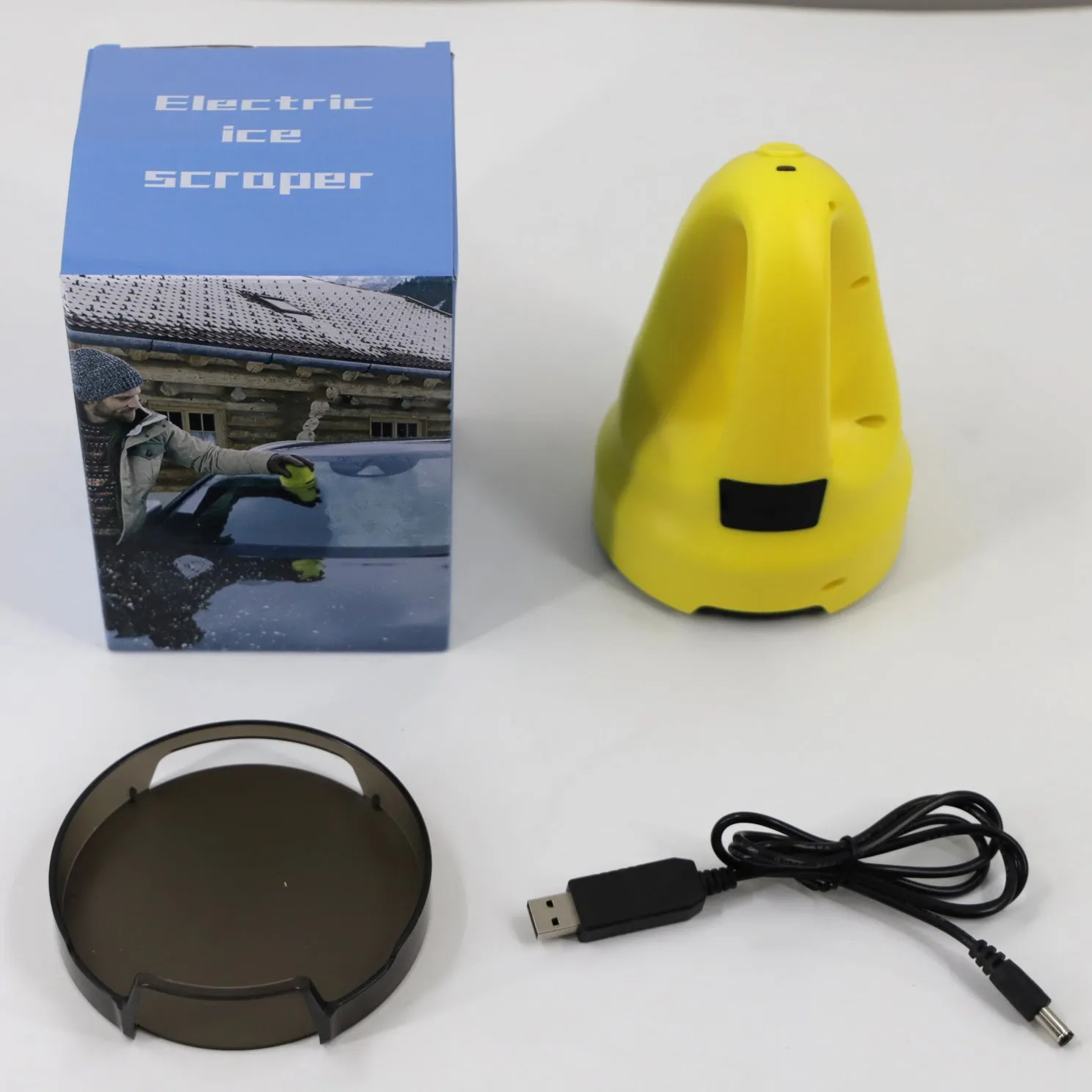 Yellow electric car snow scraper with ABS body and 3000mAh lithium battery for windscreen ice removal