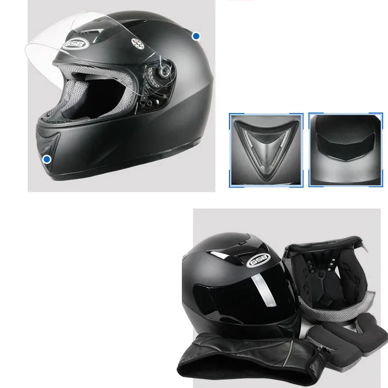 Blue full face motorcycle helmet with drop down sun visor, ABS shell, sized L and XL