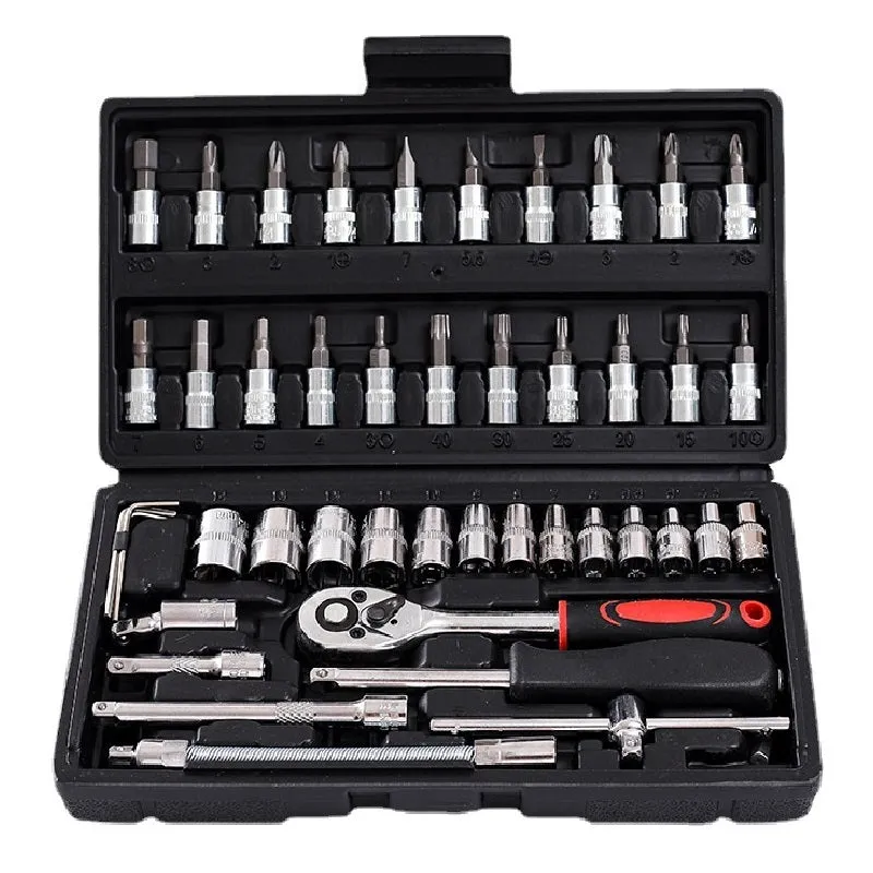 Cr-V chromium vanadium steel socket ratchet wrench set with nickel-plated finish for DIY and auto repair.