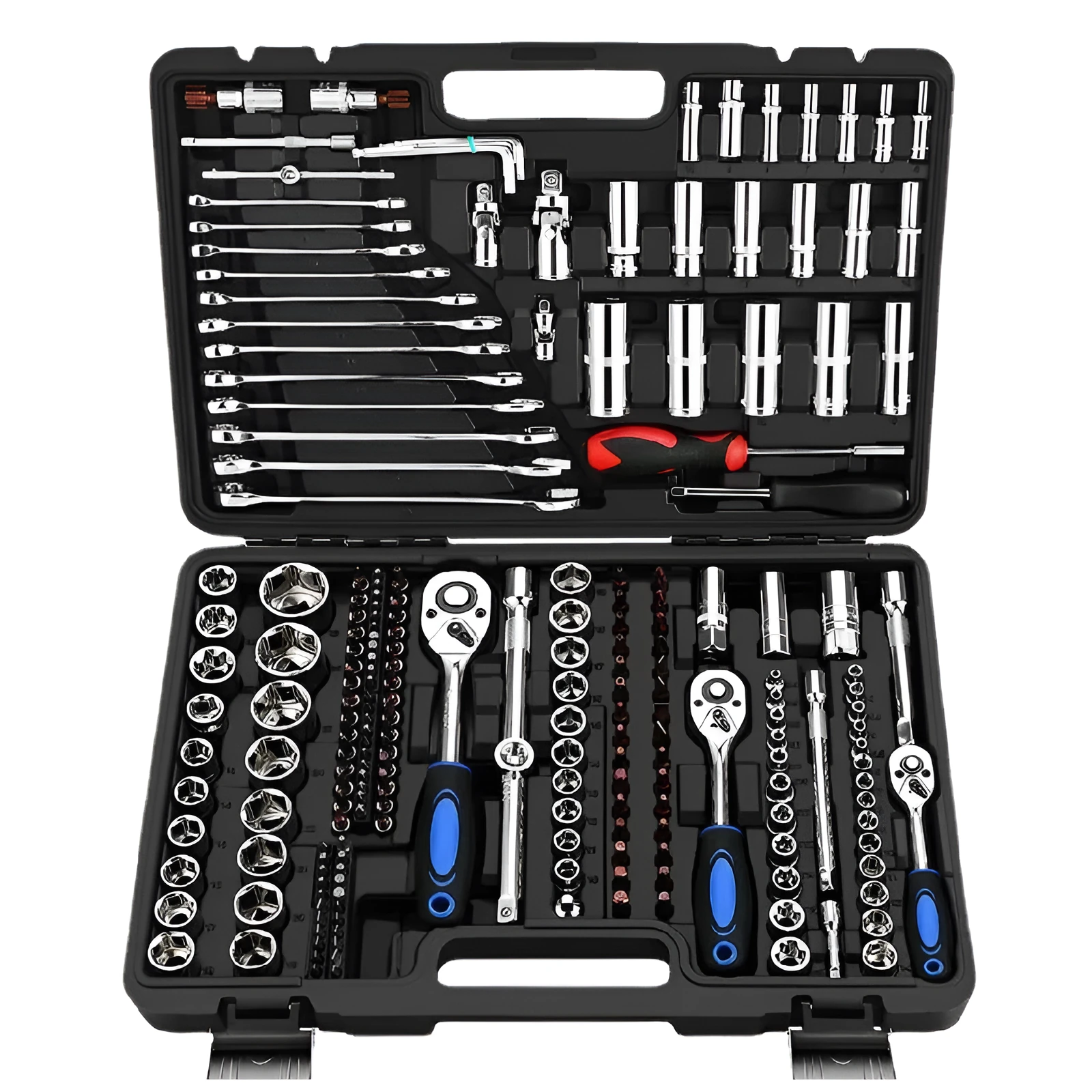 Cr-V chromium vanadium steel socket ratchet wrench set with nickel-plated finish for DIY and auto repair.